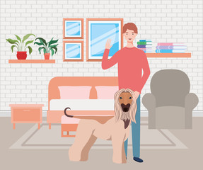 young man with cute dog mascot in the bedroom