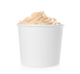 Cup with tasty frozen yogurt on white background