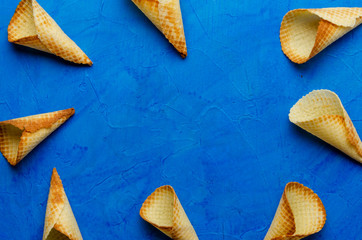 Ice cream wafer cones pattern. Top view. Flat lay