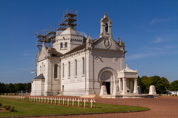Ablain-Saint-Nazaire, France. 2019/9/14. Church of Notre-Dame-de-Lorette surrounded by graves of the soldiers fallen in WW I. Necropolis of WW I (1914-1918).