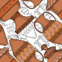 Vector Antique greek amphoras. Black and white engraved ink art. Seamless background pattern.