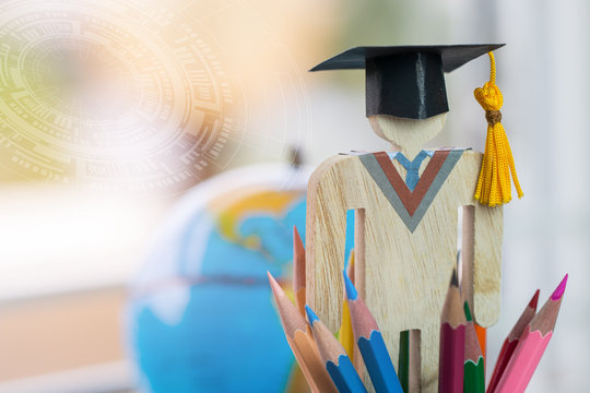 Graduate or Education knowledge learning study abroad concept : Graduation cap with blur america earth globe, radar background, alternative studying distant for learn. Back to School and successful