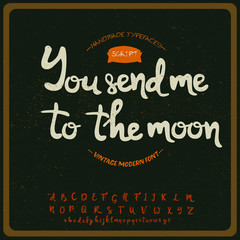 Calligraphy font "you send me to the moon" is inspired by embellished vintage book covers and packaging design.Typefaces work forlogos, cafes, bars, restaurants.Letters and numbers. Vector Illustratio