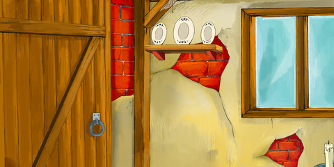Obraz na płótnie Canvas cartoon scene with old kitchen in farm house with nobody on the stage - illustration for children