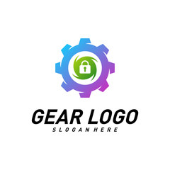 Gear with key logo Design Vector Template. Mechanic Security Icon Symbol. Colorful Icon