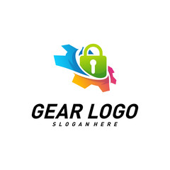 Gear with key logo Design Vector Template. Mechanic Security Icon Symbol. Colorful Icon