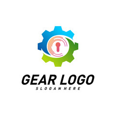 Gear with key logo Design Vector Template. Mechanic Security Icon Symbol. Colorful Icon