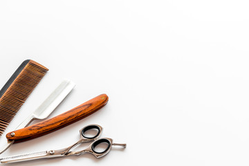 Men's shaving and hairdressing background on white top view copy space
