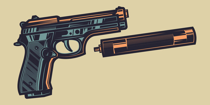 Original color vector illustration of a pistol with unfastened silencer in vintage style