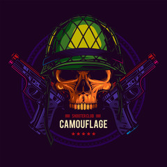 Original vector illustration in retro style. The neon emblem of the shooting club. Skull in military helmet with two pistols