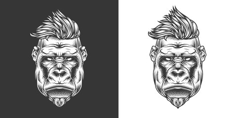 Original monochrome vector illustration. Hipster gorilla with stylish hairstyle . T-shirt or sticker design © artmarsa