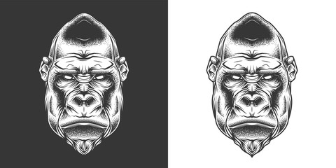 Original monochrome vector illustration. Evil gorilla head in retro style. T-shirt or sticker design