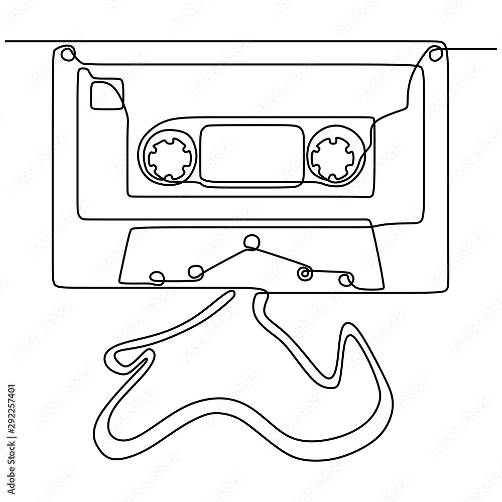 Poster one continuous line drawing cassette tape ribbon vector illustration minimalist design single line a