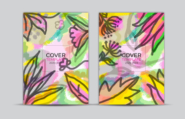 Cover design, flower and leaves painting background, labels and badges, card, web banner, Book cover, poster template, trendy texture, abstract vector illustration, Memphis style backgrounds