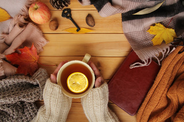 cup of hot fragrant tea with lemon in the hands of a woman, autumn leaves, an apple, cozy scarves and knitted sweaters, an e-book, flat, the concept of a hugg, winter or autumn mood