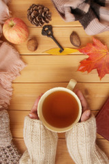 cup of hot fragrant tea in the hands of a woman, autumn leaves, an apple, cozy scarves and knitted sweaters, an e-book, flat, the concept of a hugg, autumn mood, photography for story, social media