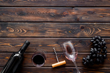 Testing wine concept. Top view dark wooden background copy space