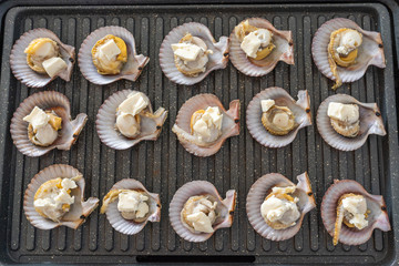 Grilling scallops and cheese on electric pan