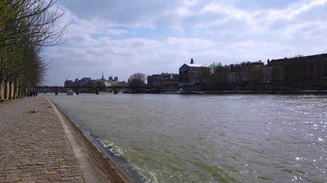 Paris City boat trip by Siene River. Royalty free cinematic Ultra HD 4K stock footage for projects about Frence, French and European history, travel, culture, architecture. 