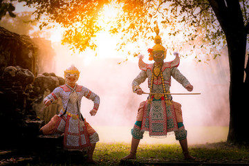 Khon is art culture Thailand Dancing in masked Tos-sa-kan and Hanuman are fighting in literature Ramayana. Khon is thailand culture and traditional.