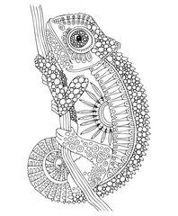 Hand drawn chameleon. Sketch for anti-stress adult coloring book in zen-tangle style. Vector illustration  for coloring page.