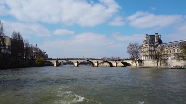 Paris City boat trip by Siene River. Royalty free cinematic Ultra HD 4K stock footage for projects about Frence, French and European history, travel, culture, architecture. 