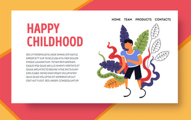 Happy childhood, kid with prosthesis landing web page