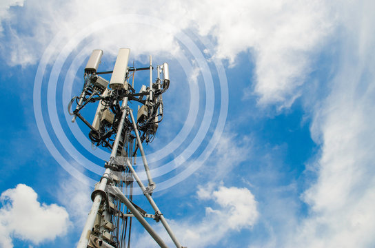 Communication Telecom Tower,base Of 5G Network,on Blue Sky Background