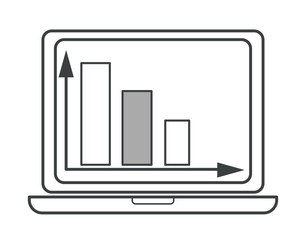 Laptop with monitor showing chart with arrows, stats and analysis