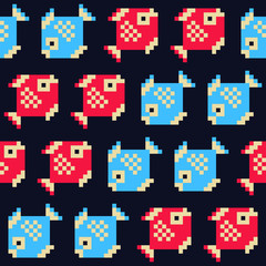 Fish abstract knitted seamless fashion trend pattern fabric textures, fishes pixel art vector illustration. Design for web and mobile app.