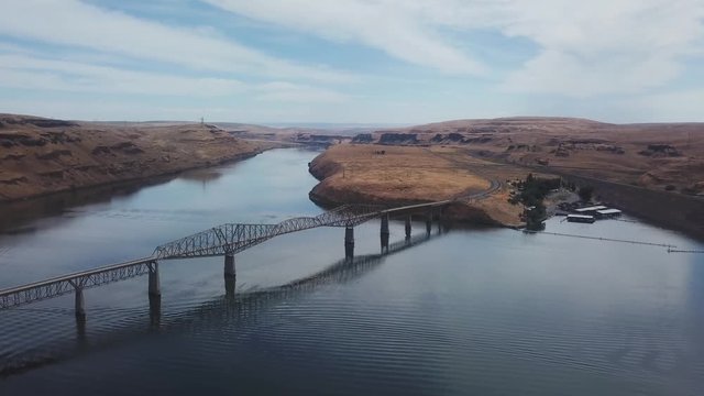 Aerial view of the Snake River Bridge (aka Lyons Ferry Bridge) near the confluence of the Snake River and Palouse River in the scablands of eastern Washington state USA