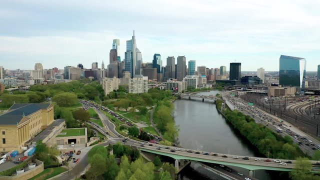 Drone Aerial Pan Left Of Philadelphia City Skyline Showing Comcast Technology Center And The Art Museum