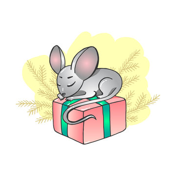 recommend clip art: Color vector illustration of mouse with gift. Christmas Sticker