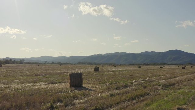 Fly over haystacks in the countryside field with mountain ridge in the background on a bright, clear, sunny day. Russia, Far East