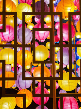 Decoration of colorful lanterns at the window frame for celebration of the lantern festival