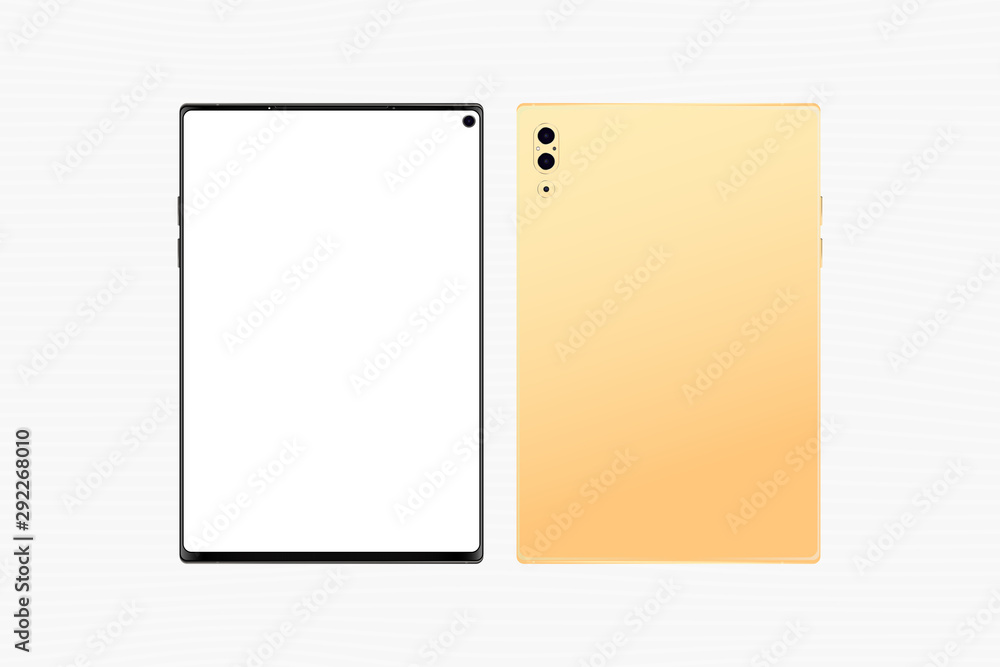 Poster set mock-up of gold realistic tablet. front side with screen and back side with camera isolated on w