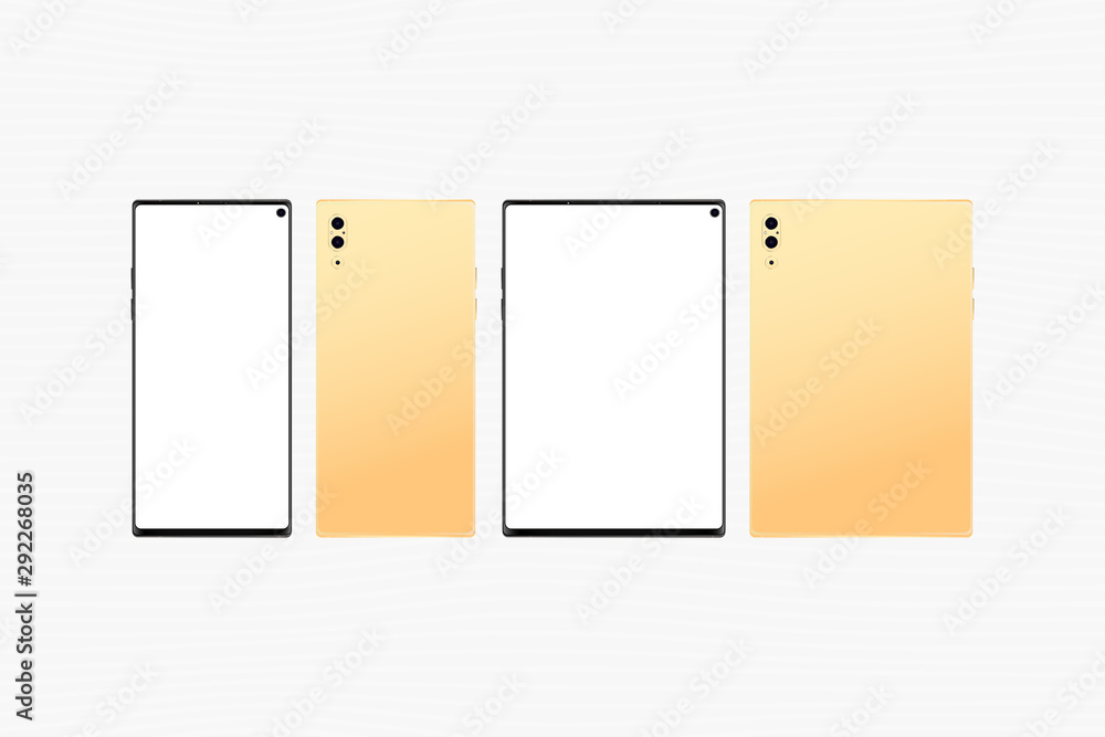 Poster mock-up of gold realistic smartphone and tablet. front side with screen and back side with cameras i