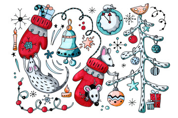 Cartoon rats, mice, the symbol of the New Year 2020 play with festive winter mittens and decorate the Christmas tree. Hand drawn illustration for the design of children's and Christmas products.
