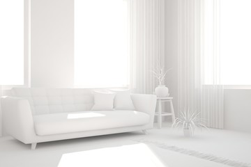 Mock up of stylish room in white color with sofa. Scandinavian interior design. 3D illustration