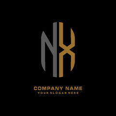 NX minimalist letters, with gray and gold, white, black background logos