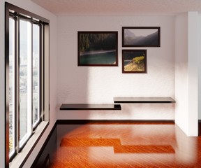 Room interior with a window and pictures on the wall. Wooden parquet floor. 3D rendering. 3D illustration.