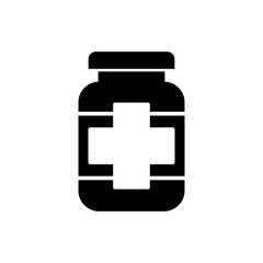 Medicine bottle and pills. Black and white icon vector