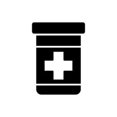 Medicine bottle and pills. Black and white icon vector