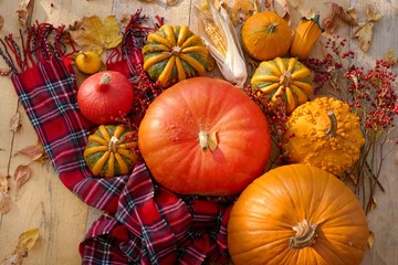 Thanksgiving Day. Autumn harvest of vegetables. Orange and yellow pumpkins, corn, branches with red berries, checkered red scarf and autumn leaves on a wooden table.