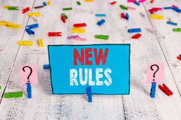 Word writing text New Rules. Business photo showcasing A state of changing an iplemented policy for better upgrade Scribbled and crumbling sheet with paper clips placed on the wooden table