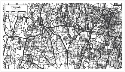 Depok Indonesia City Map in Black and White Color. Outline Map.