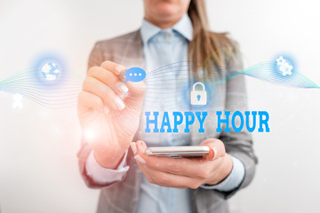 Word writing text Happy Hour. Business photo showcasing Spending time for activities that makes you relax for a while Female human wear formal work suit presenting presentation use smart device