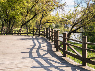 wooden walkway on the lake. path along the water in autumn day