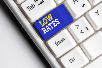 Conceptual hand writing showing Low Rates. Concept meaning A cost of an item or service which is...
