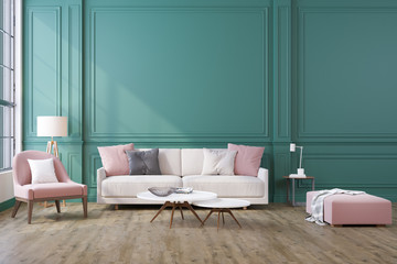 Decorative background for home, office and hotel. Modern interior design living room sofa and modern interior details on a dark wall background.